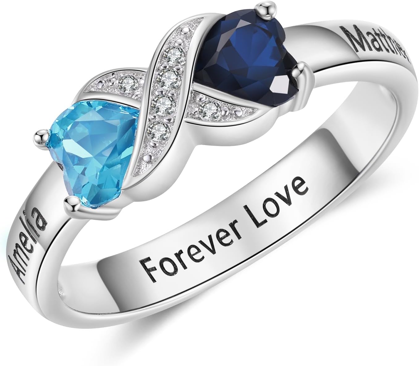 Gemszoo Personalized Sterling Silver Birthstone Ring with 2 Heart Stones Custom Name Engraved Infinity Promise Ring for Women Wife Mom