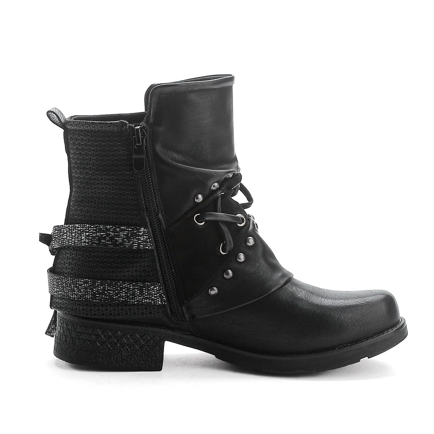 Pogolino Damen Stiefeletten Nieten Biker Boots mit Reißverschluß flach bequem Stiefel ST016