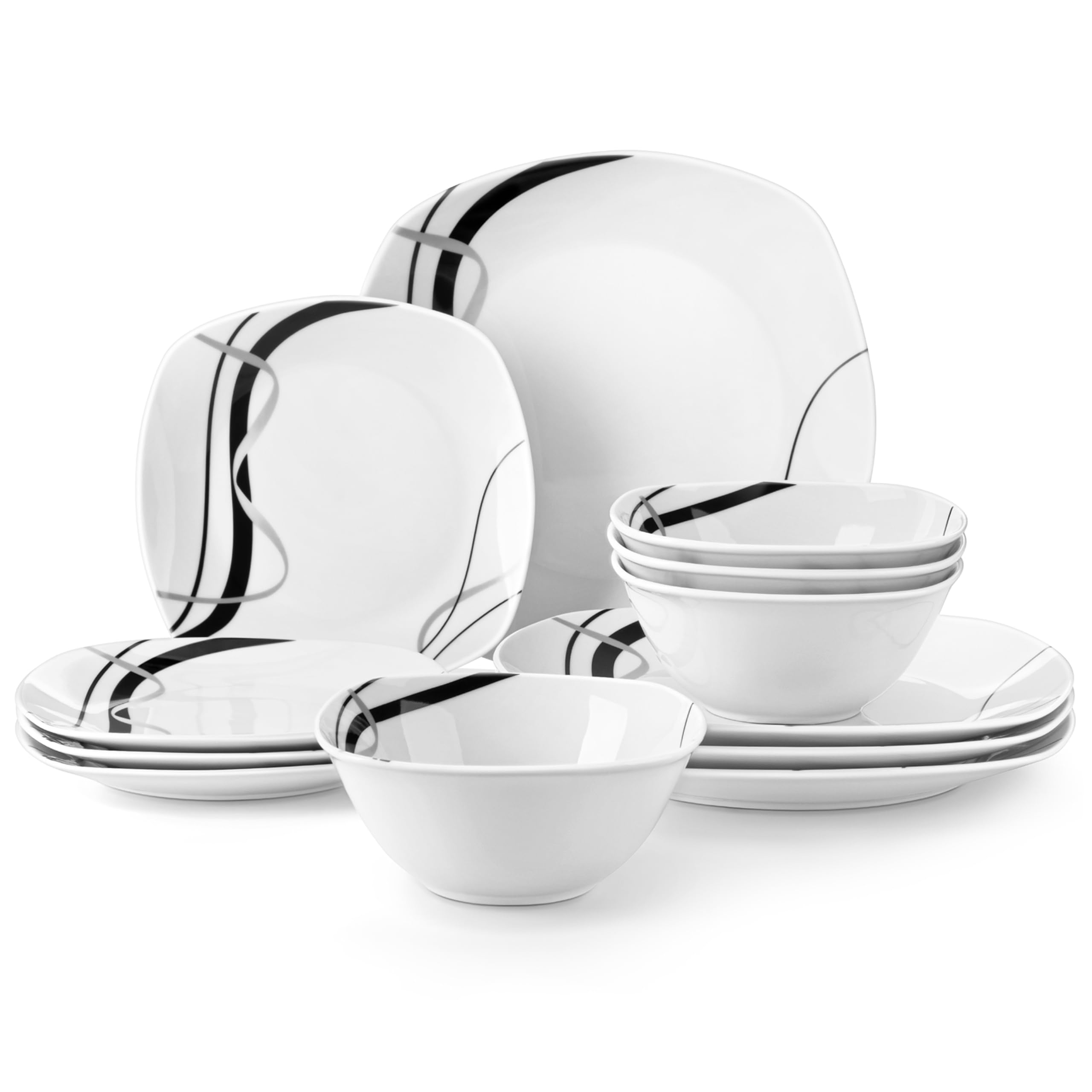 VEWEET Juego de platos y cuencos, vajilla de porcelana para 4, juego de 12 platos que incluye platos llanos, platos de postre y cuencos de cereales, serie Fiona