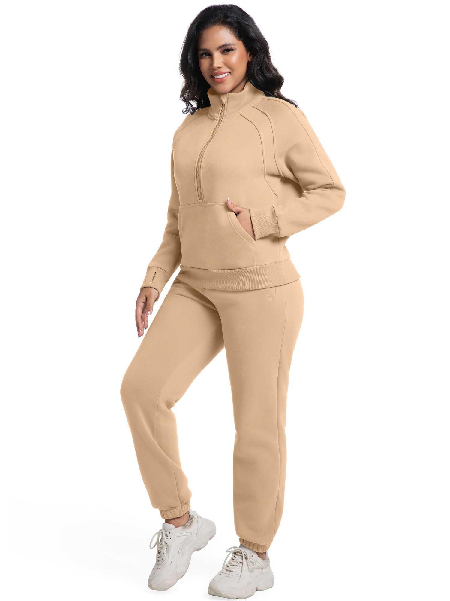 ANOTWENER Damen Trainingsanzüge Jogginganzüge Zweiteiler Freizeitanzug mit halbem Reißverschluss Lounge Sets mit Taschen