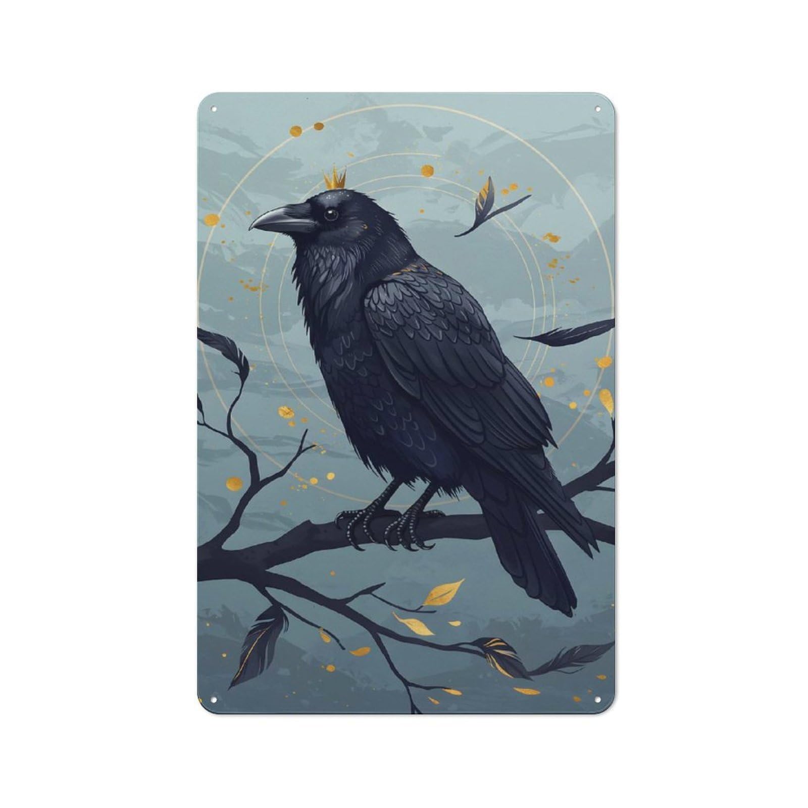 Junmoney Crowned Raven On Branch Digital Art Retro Metal Wall Plaque 30X20cm, Nostalgic Wall Art For Living Room, Hallway, Kitchen Or Cafe