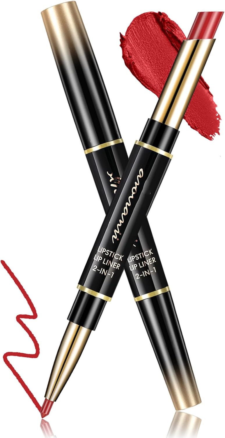 2-in-1 Red Lip Liner and Lipstick Set - Highly Pigmented Long-Lasting, Moisturizing Non-sticky Red Lip Kit, Precision Tip for Defined Fuller Lips