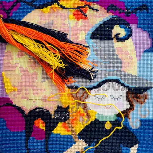 Image of Brvsk Seasonal Embroidery Kit for Adults and Beginners - Halloween 16″ x 16″ with Clear, Precise Printed Design on Cotton Canvas; Includes 2 Needles, Yarn, and Easy-Read Chart