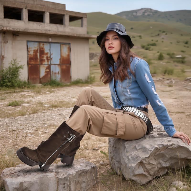 Image of MAVMAX Mid Calf Boots for Women Fold Over Zipper Buckle Riding Boot Black Wide Calf Platform Round Toe Chunky Low Heel Tall Boot Cowboy Biker Motorcycle Boots