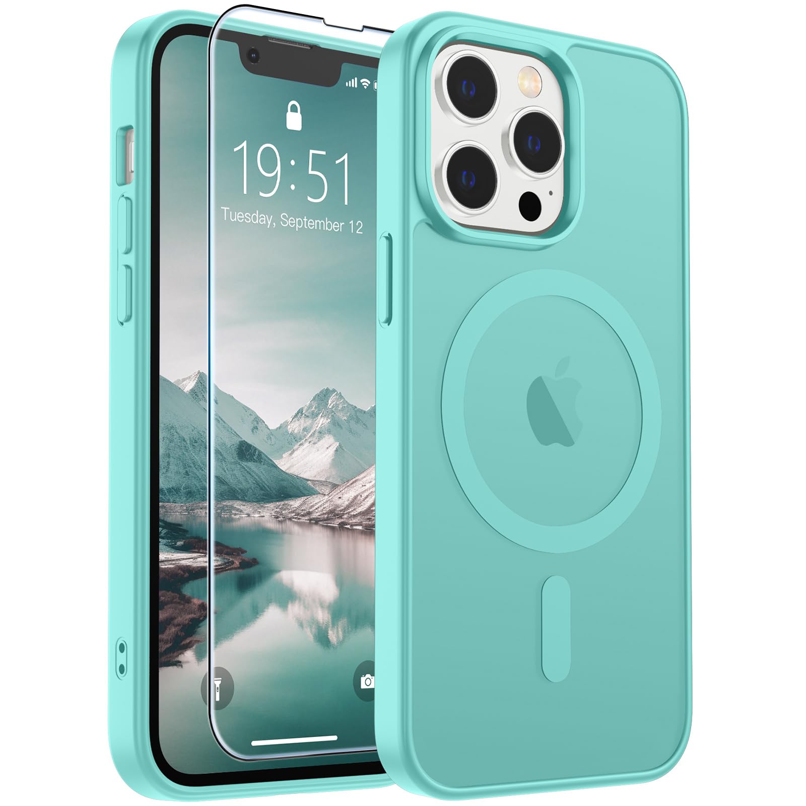 SUPFINE Magnetic for iPhone 13 Pro Max Case Blue Green | With Screen Protector, Translucent Matte, Compatible with MagSafe, Military Grade Drop Proof, Rugged Shockproof Protective