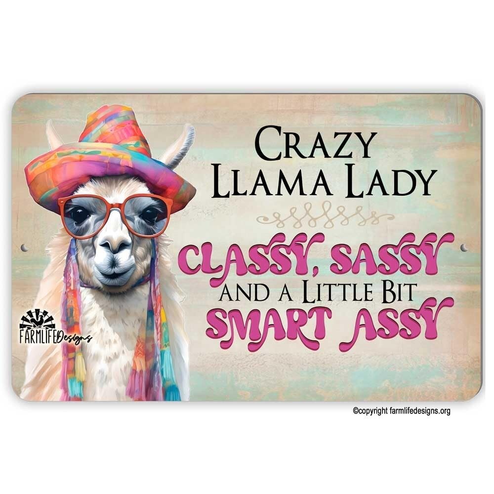 Crazy Llama Lady Sign Classy Sassy Smart Assy metal tin wall art funny decor home decor
