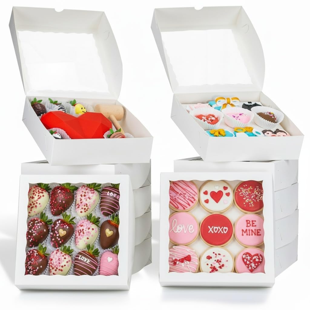RomanticBaking 50 cajas para tartas de 9 x 9 x 2.5 pulgadas, cajas de fresas cubiertas de chocolate, cajas de galletas, cajas de embalaje rompibles, cajas de chocolate y trufas