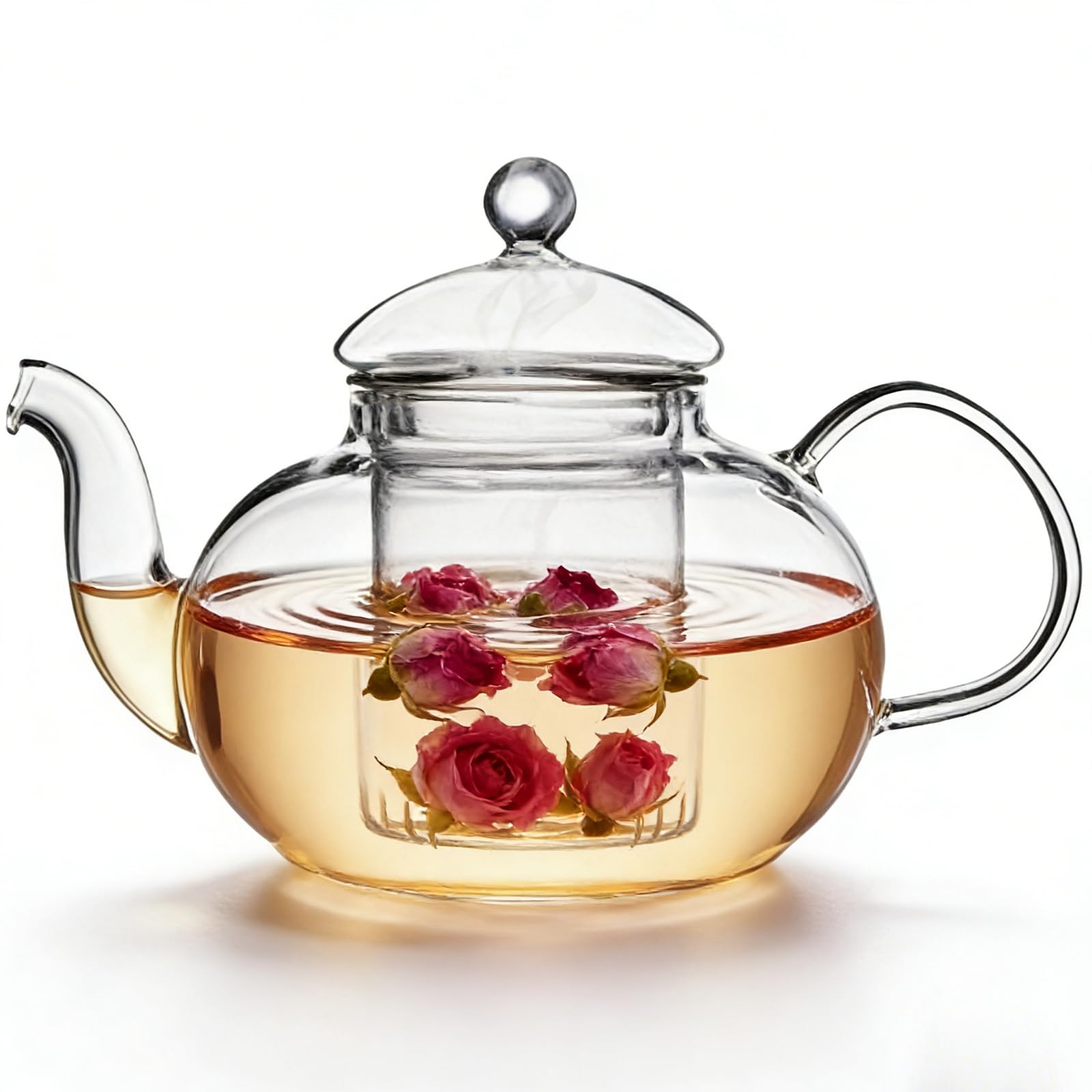 600ml(20.3oz) Borosilicate Glass Teapot with Removable Glass Infuser, Stovetop Safe Clear Tea Kettle for Blooming and Loose Leaf Tea