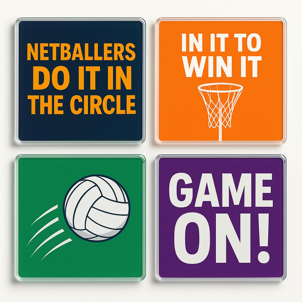 The Plum Penguin Netball Vibe Set Acrylic Coaster Gift Set Of 4 With Netball Designs - Vibrant Sports Decor For Home Bar & Man Cave Enthusiasts