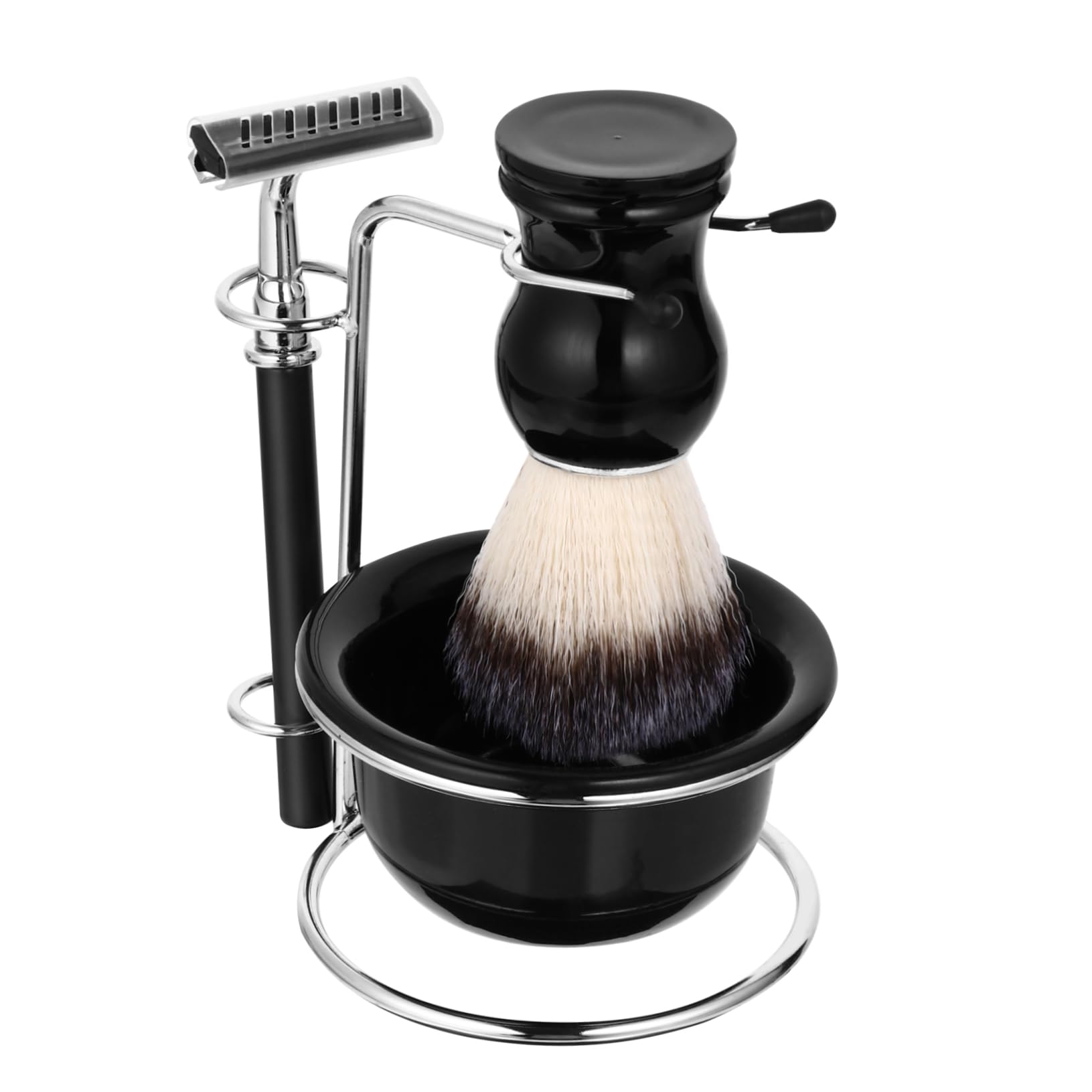 IWOWHERO Retro Style 4pc Men's Shaving Kit Brush Stand Beard Brush for Men Easy to Clean Carry