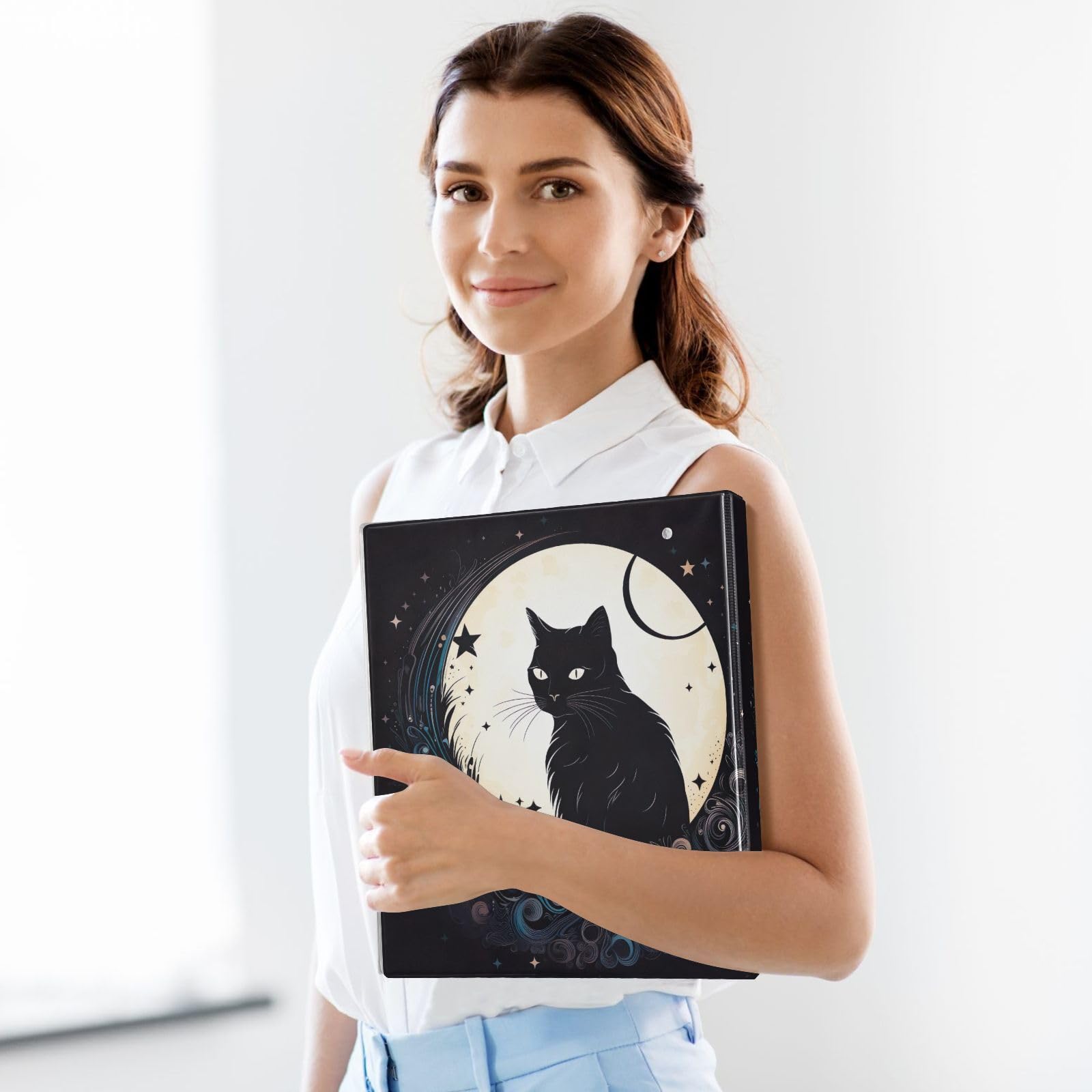 Confezione da 2 raccoglitori ad anelli vintage, motivo gatto luna, nero, con tasche grandi, per scuola, università, ufficio