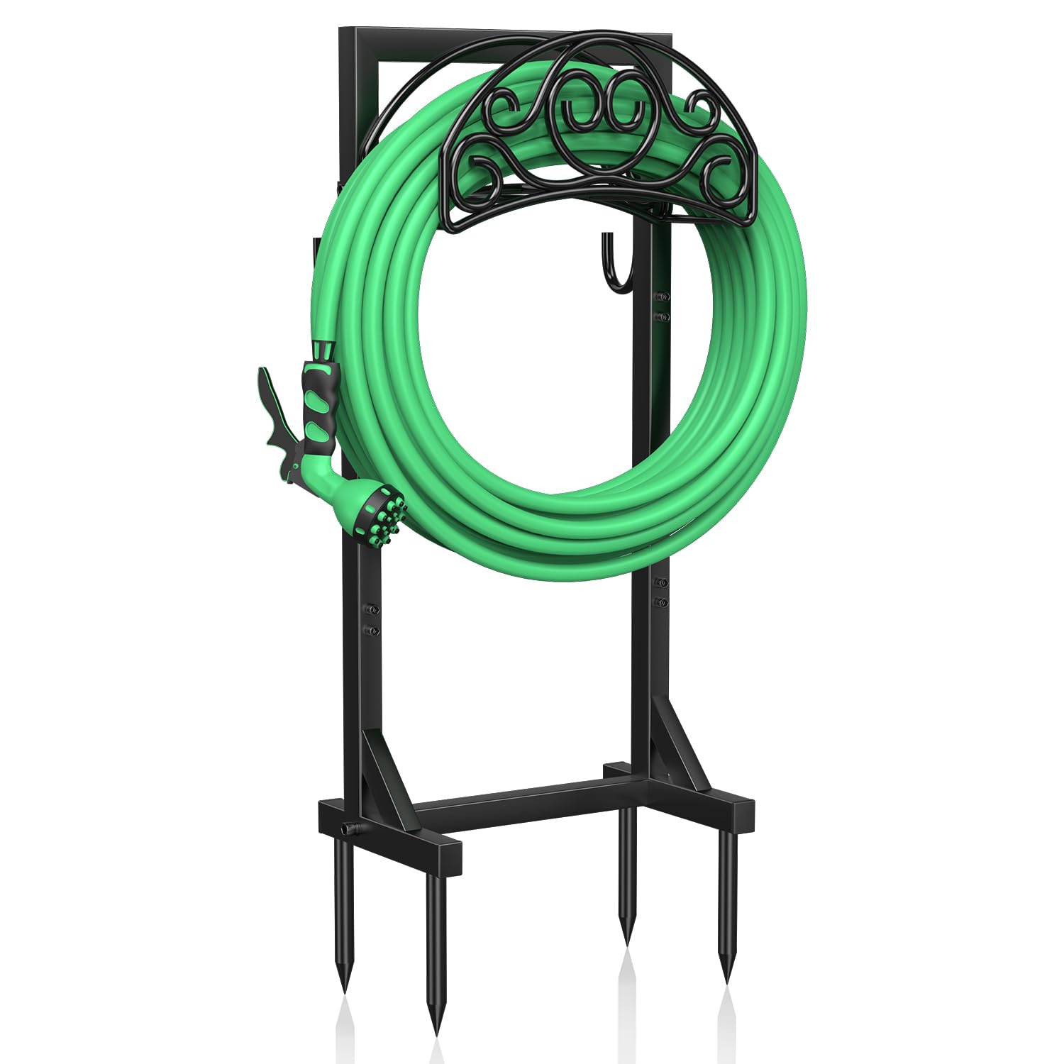 Soporte para manguera de Jardin de 109,5 cm, Soporte para Manguera de Riego de 45 m, con 2 Ganchos para Herramientas y 4 Puntas de Anclaje, Soporte e Independiente para el Jjardín y el Césped