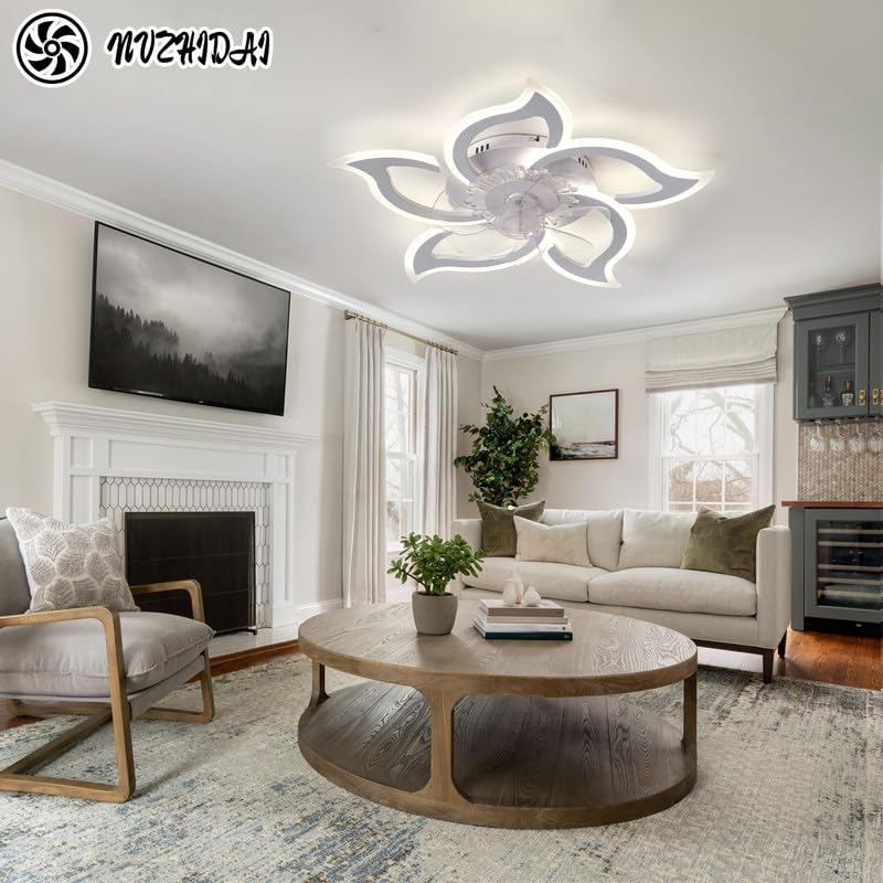 Smart Lampadario Ventilatore LED Dimmerabile 6 Velocità Ventilatore Soffitto con Luce Telecomando Silenzioso Reversibile Plafoniera con Ventilatore Moderno Fiore per Camera da Letto, Bianc||A