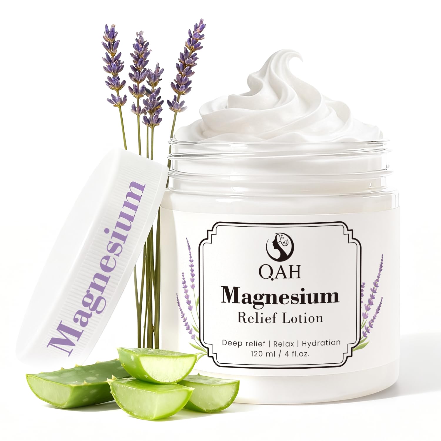 QAH Magnesium Cream for Muscle & Nerve Relief, Sleep Massage Lotion with Lavender Oil & Aloe Vera | Fast Absorbing, Non-Greasy | Suitable for All Skin Types, 4 fl.oz
