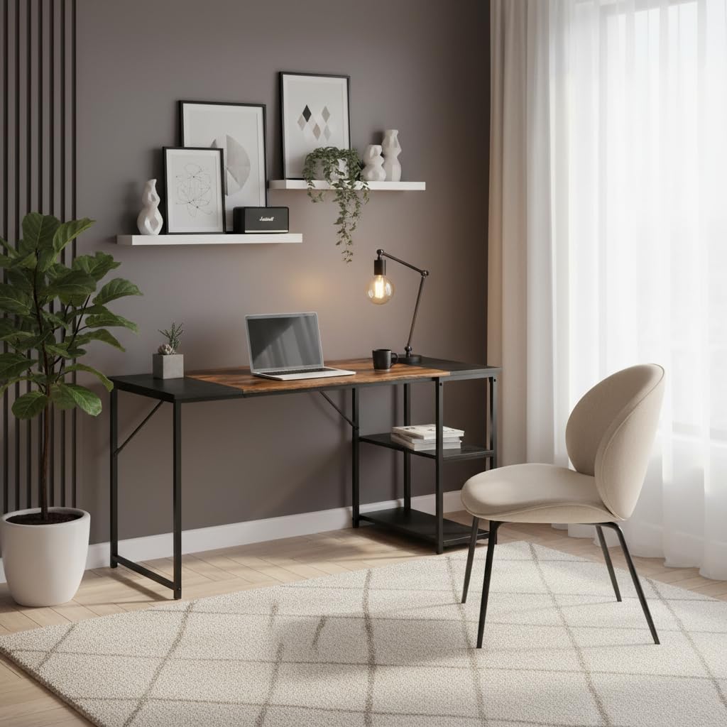 FurnitureR Tavolo da disegno, 140 x 60 cm, piano bicolore in stile retrò, marrone e nero, 2 ripiani laterali regolabili in altezza, struttura in metallo, ideale per artisti, studenti o ufficio
