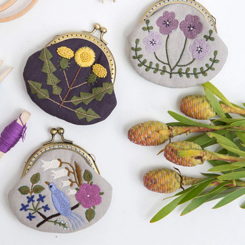 1set Embroidery Starter Kit for Beginners Complete Diy Coin Purse with Lock Frame Wool Needle Accessories Handmade Yellow Flower Design
