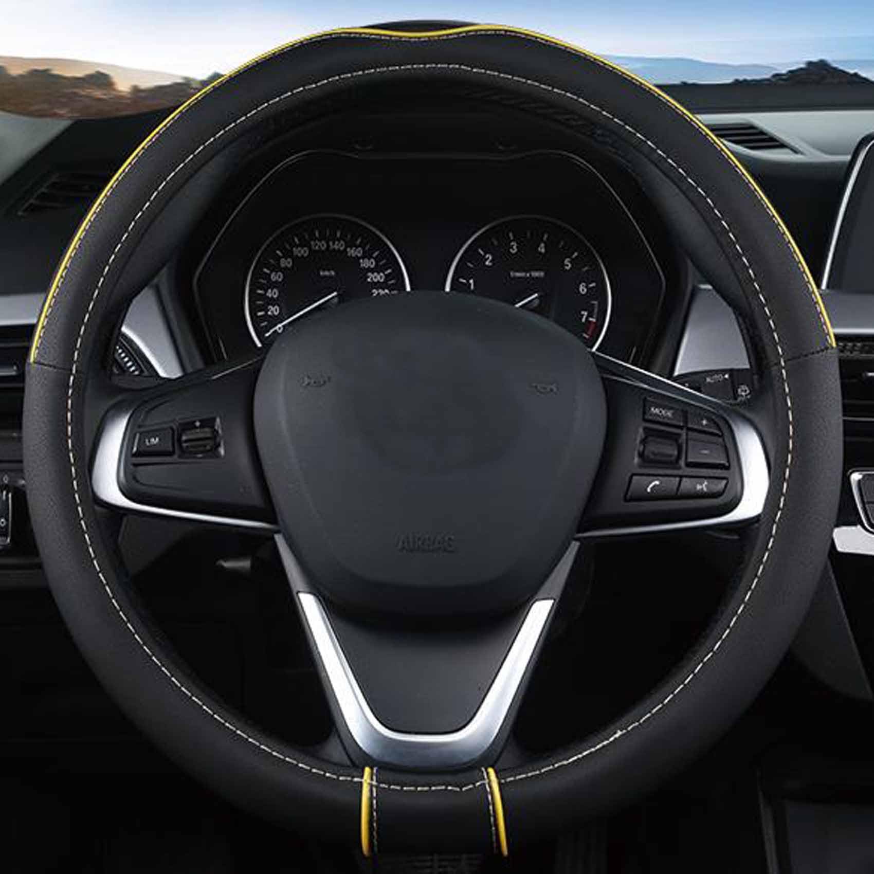 SHIAWASENA Auto Car Steering Wheel Cover, Universal 15 Inch Fit, Soft Leather, Breathable Anti Slip (Black&Yellow)