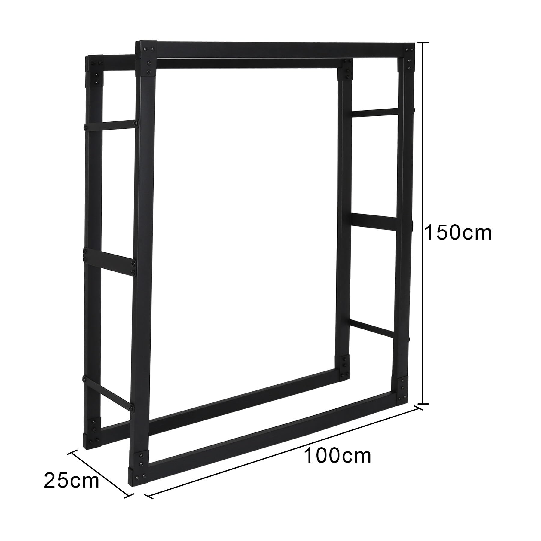 Estantería para leña de chimenea, 150 x 100 x 25 cm, gran volumen de almacenamiento, color negro, resistente metal, accesorios para chimenea para interior y exterior, estantería de madera