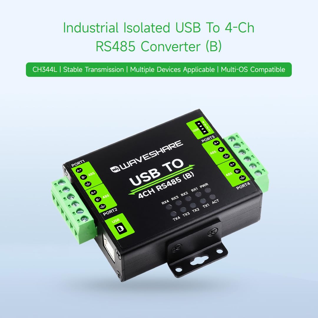 Waveshare Industrial Isolated USB To 4-Ch RS485 Converter (B), CH344L Chip, Multi Protection Circuits, Multi Systems Support, Aluminium Alloy Case, Wall-Mount & Rail-Mount Support