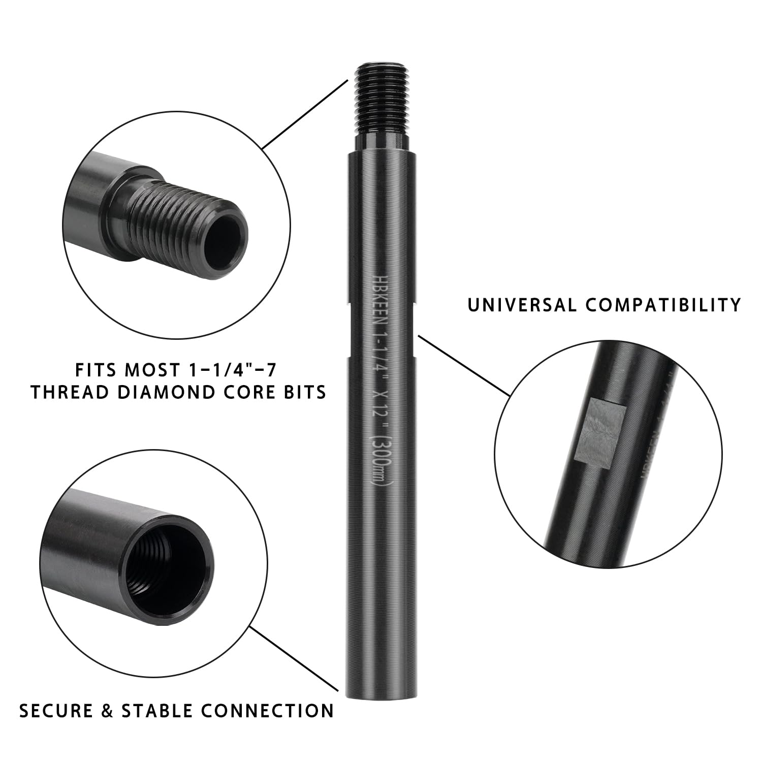 Extensión de broca de núcleo de 12 pulgadas, extensión de brocas de núcleo de diamante con rosca de 1-1/4"-7, extensión de broca de núcleo de hormigón redondo para uso con broca de núcleo para