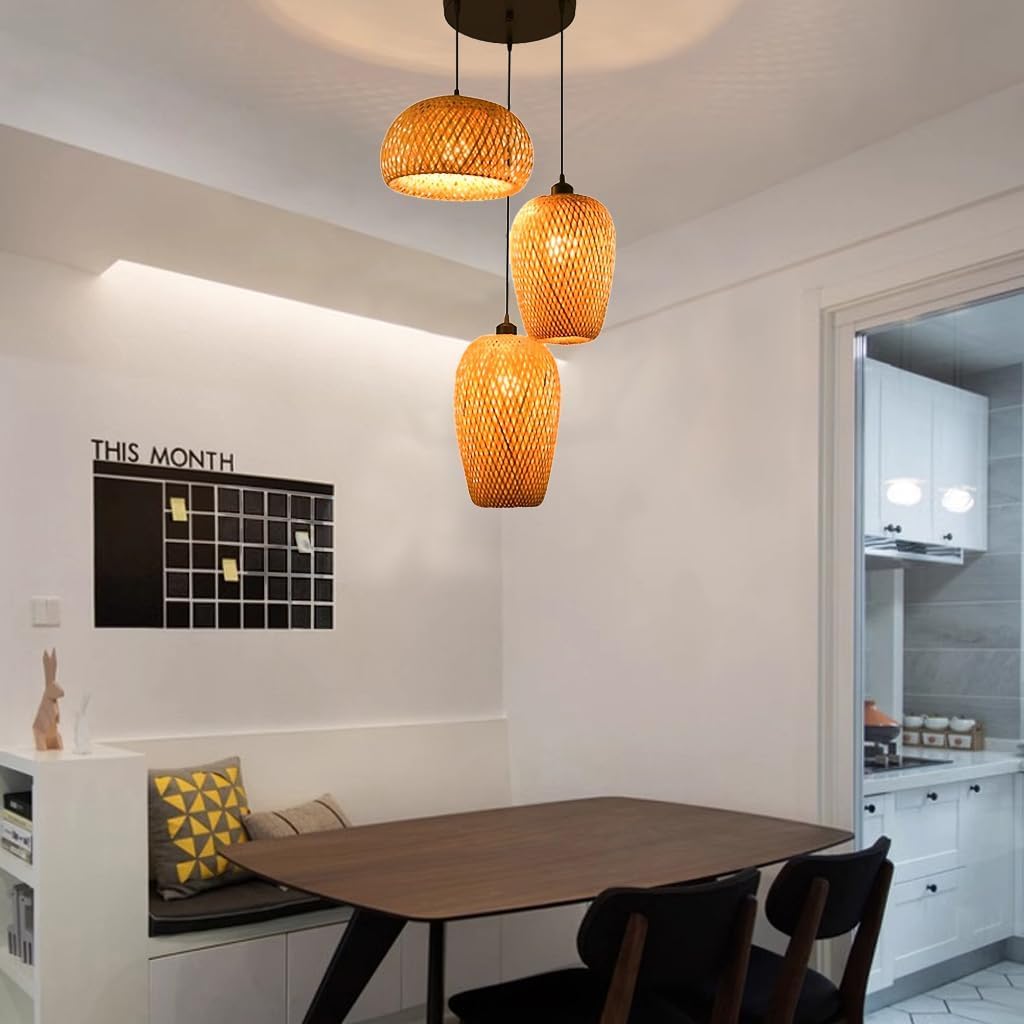 Lustre en bambou E27 suspension 3 lumières tressé main pour salon chaleureux