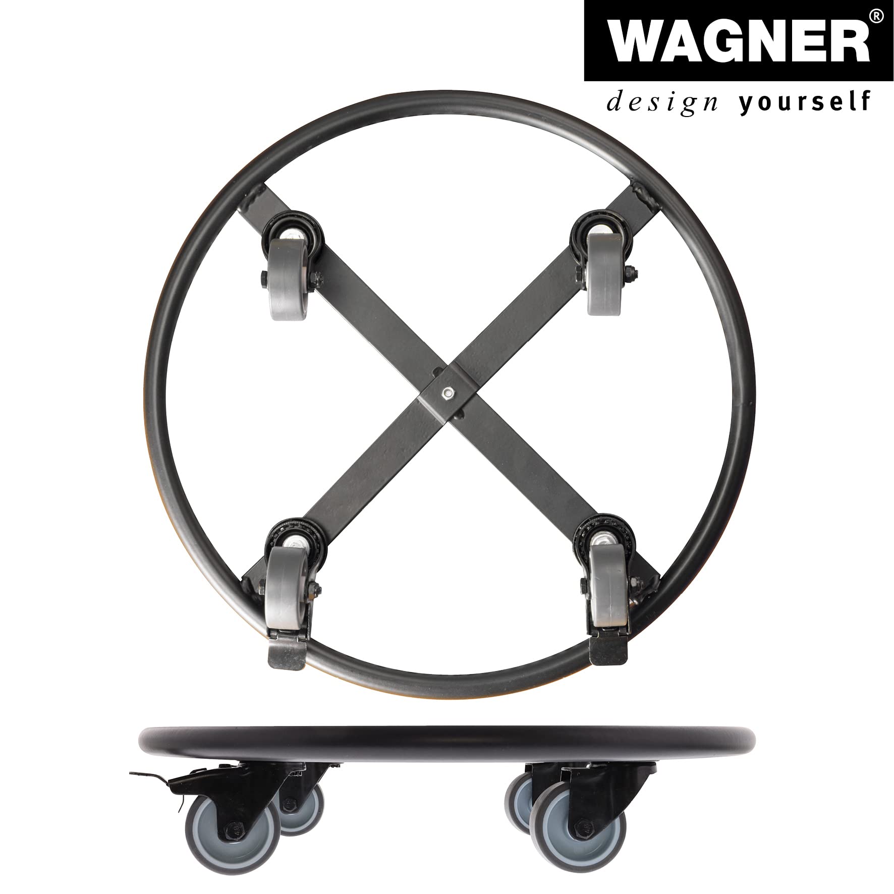 WAGNER Pflanzenroller Skelett Round - Ø 38 x 8 cm I Pflanzenroller, Soft-Rollen mit Bremsen I für Innen - & Außenbereich I Blumenroller Stahl beschichtet schwarz I Tragkraft 150 kg - 20701201