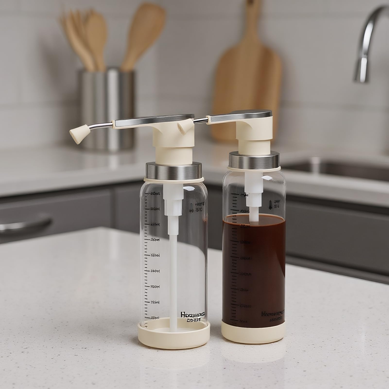 Distributeur De Ketchup - Bouteilles De Condiments 1050 G | Verre 2 Pièces Rechargeable Avec Pompe | Récipient Vinaigrette Sirop Café Glacé Liquide Pour Cuisine Restaurant Camping Stockage Sirop Miel
