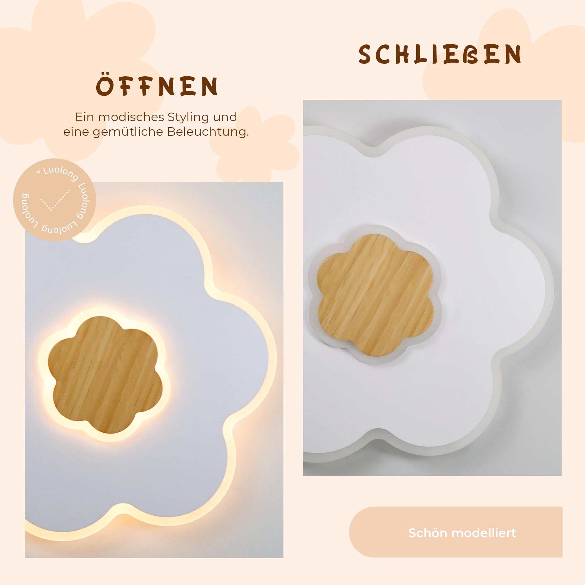 LUOLONG LED Deckenleuchte Kinder Deckenlampe Blumenform Holz Kinderzimmer Deckenleuchten Dimmbar 3000K-6000K 28W 40cm Junge Mädchen Baby Weiß Kinder Schlafzimmer lampe Mit Nachtlichtfunktion