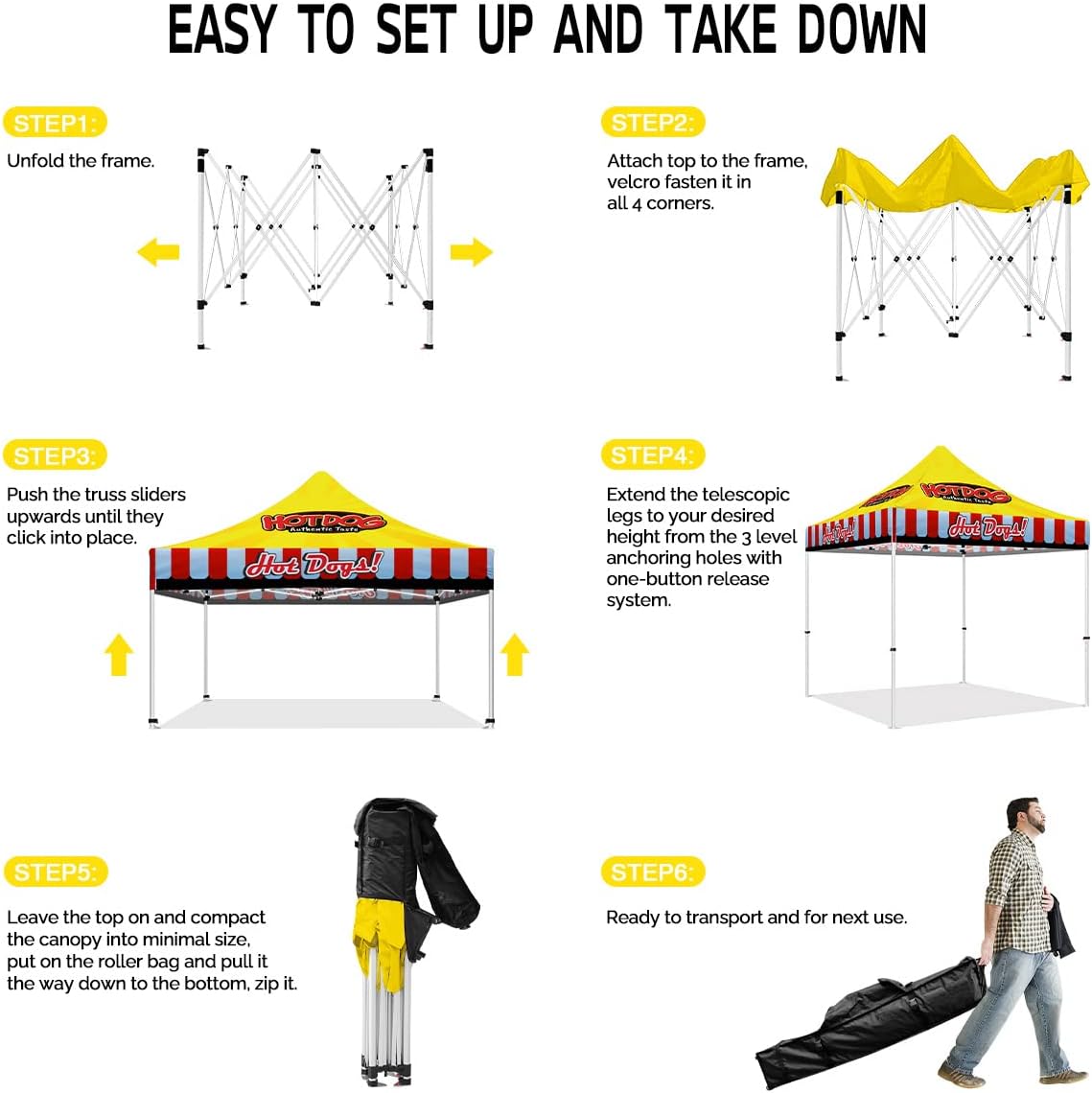 Custom Canopy Tent 10x10 with Logo, Personalized Pop Up Canopy Tent with Optional Walls for Business Events, Trade Shows, Farmers Market, Roller Bag Included(Demo Hotdog)