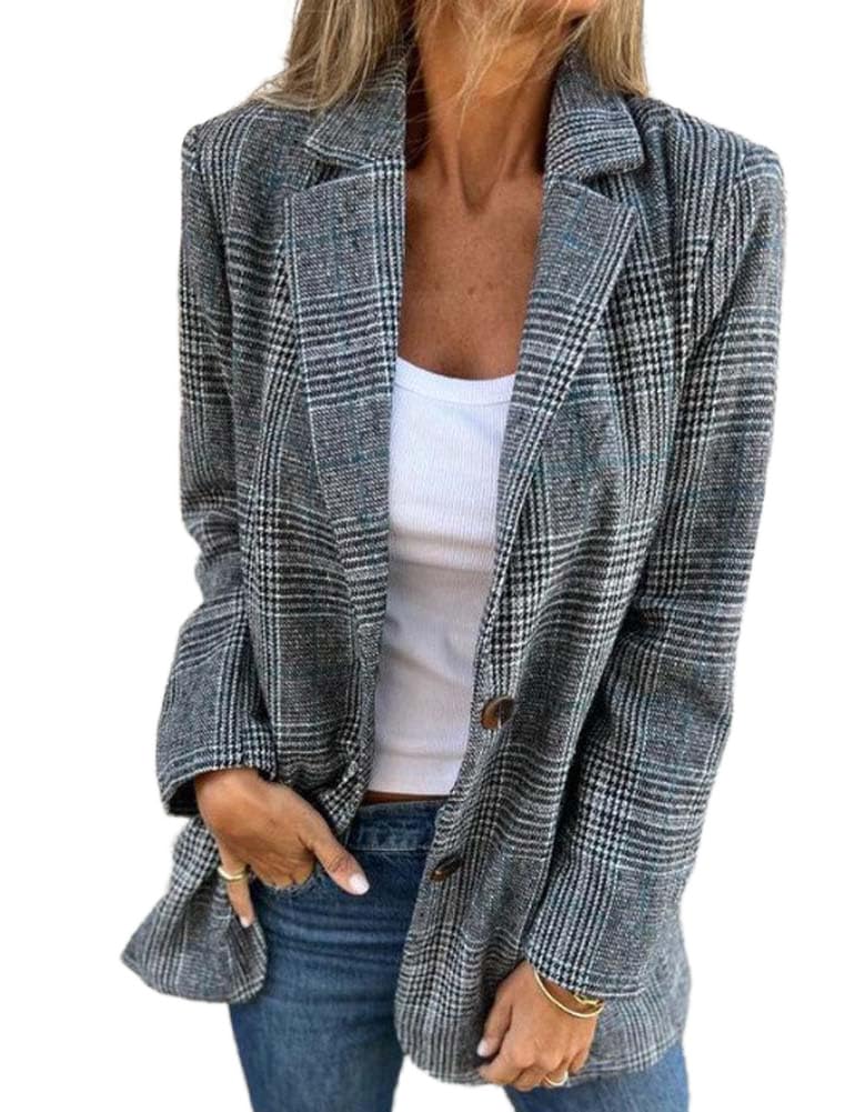 Mywinway Plaid Blazer for Women Fall Winter Business Casual Oversized Work Notched Lapel Dressy Suit Jackets