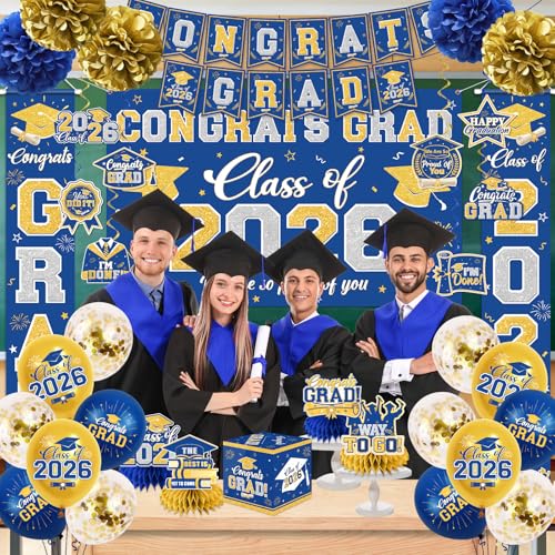 Image of Graduation Decorations Class of 2026 Blue and Gold Graduation Decorations with Congrats Grad Banner,Backdrop,Porch Sign,Balloons,Hanging Swirls,Honeycomb Centerpieces,Box for Graduation Party Supplies