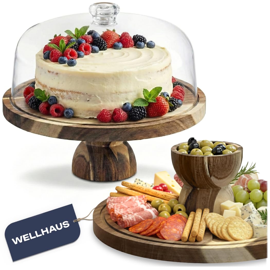 Käsebrett mit Deckel – 2 in 1 Tortenplatte Holz & Charcuterie Board für Snack, Käseplatte Servierbrett Küchenbrett, Rund Kuchenplatte Tortenständer Ideal für Antipasti und Desserts