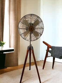 Pedestal Fan Vintage-Inspired Functional Brass & Brown Antique Electric Floor Fan Handmade Retro Style Brown wood Tripod Home Decor Fan, 50 x 14 Inch