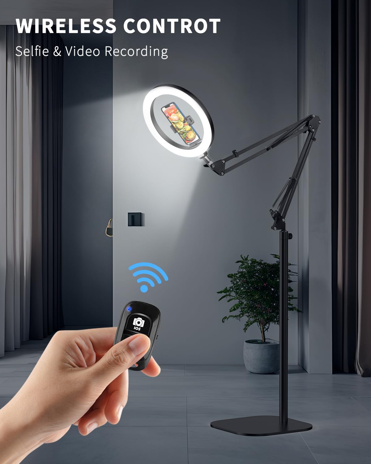 12" Overhead Phone Mount with Ring Light, 360° Circle Light - CRI >95 & Adjustable 72" Height, Phone Ring Light for Photography,Live Streaming, Cooking and Content Creation: 10 inches