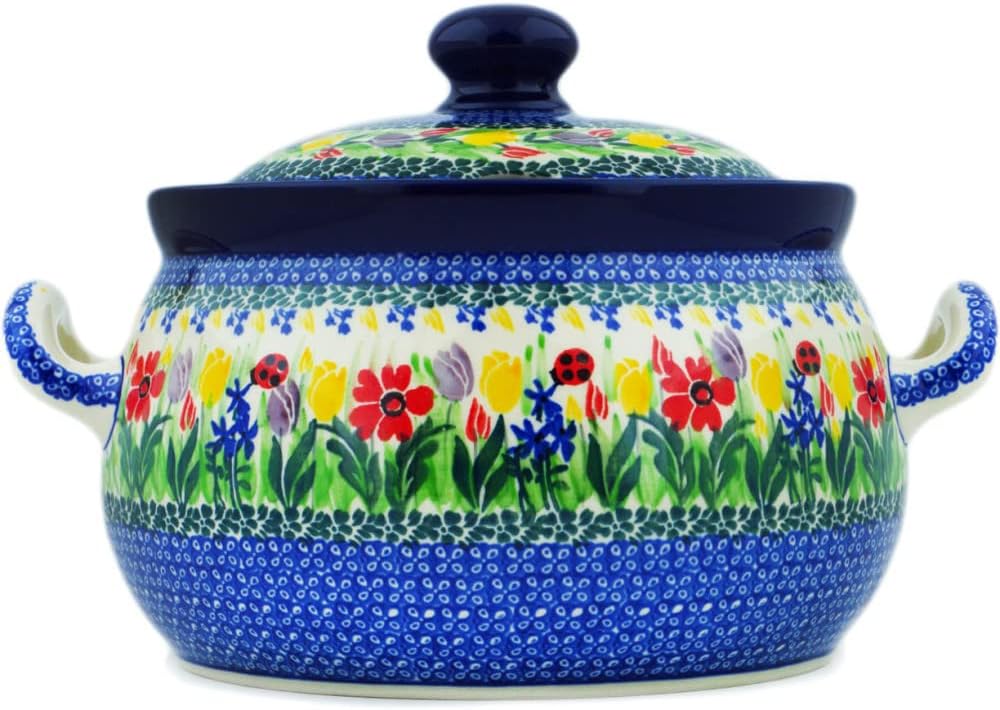 Polmedia Polish Pottery Tureen UNIKAT - Lady Bug Tulips Pattern Handmade in Boleslawiec Poland by Ceramika Artystyczna + Certificate of Authenticity
