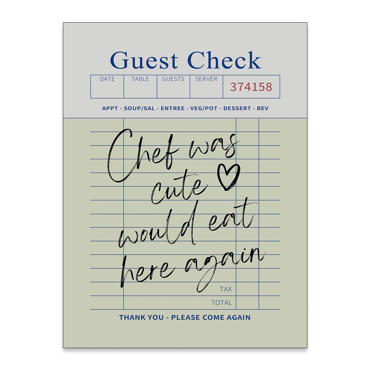 Trendy Kitchen Wall Art Guest Check Prints Chef Was Cute Would Eat Here Again Quotes Posters for Home Dining Room Living Room Apartment Decor 8x10in Unframed