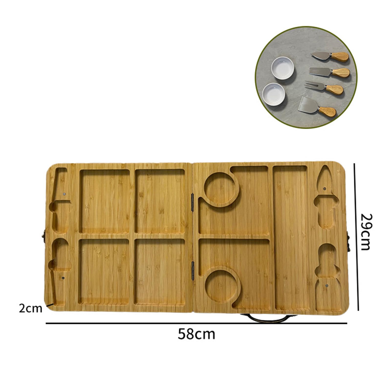 Plateau à Fromage Pliable en Bambou avec 4 Couteaux et 2 coupelles - Indispensable pour Une Nouvelle Maison - Plateau de Service Pliable pour Fromage