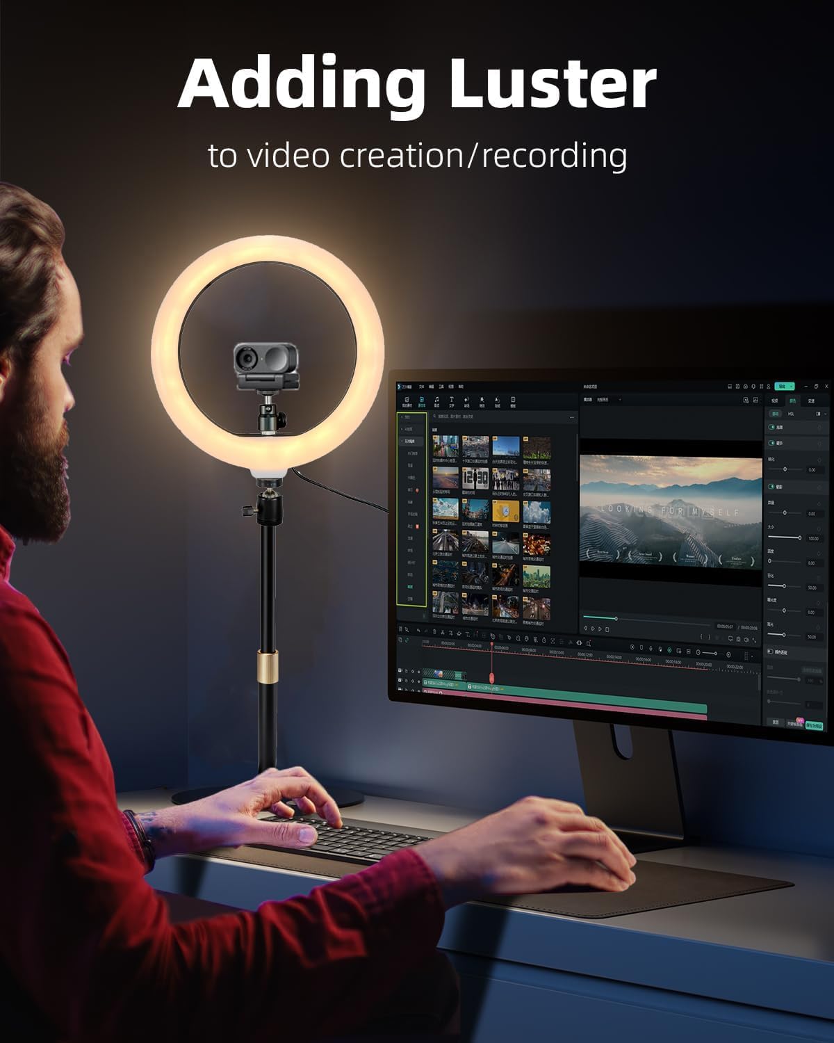 Link-2-Pro Desktop Webcam Selfie-Light Holder,10'' Ring Light with Webcam-Stand for Insta360 Link 2 Pro/Link 2c Pro/Link 2 / Link 2C Webcams