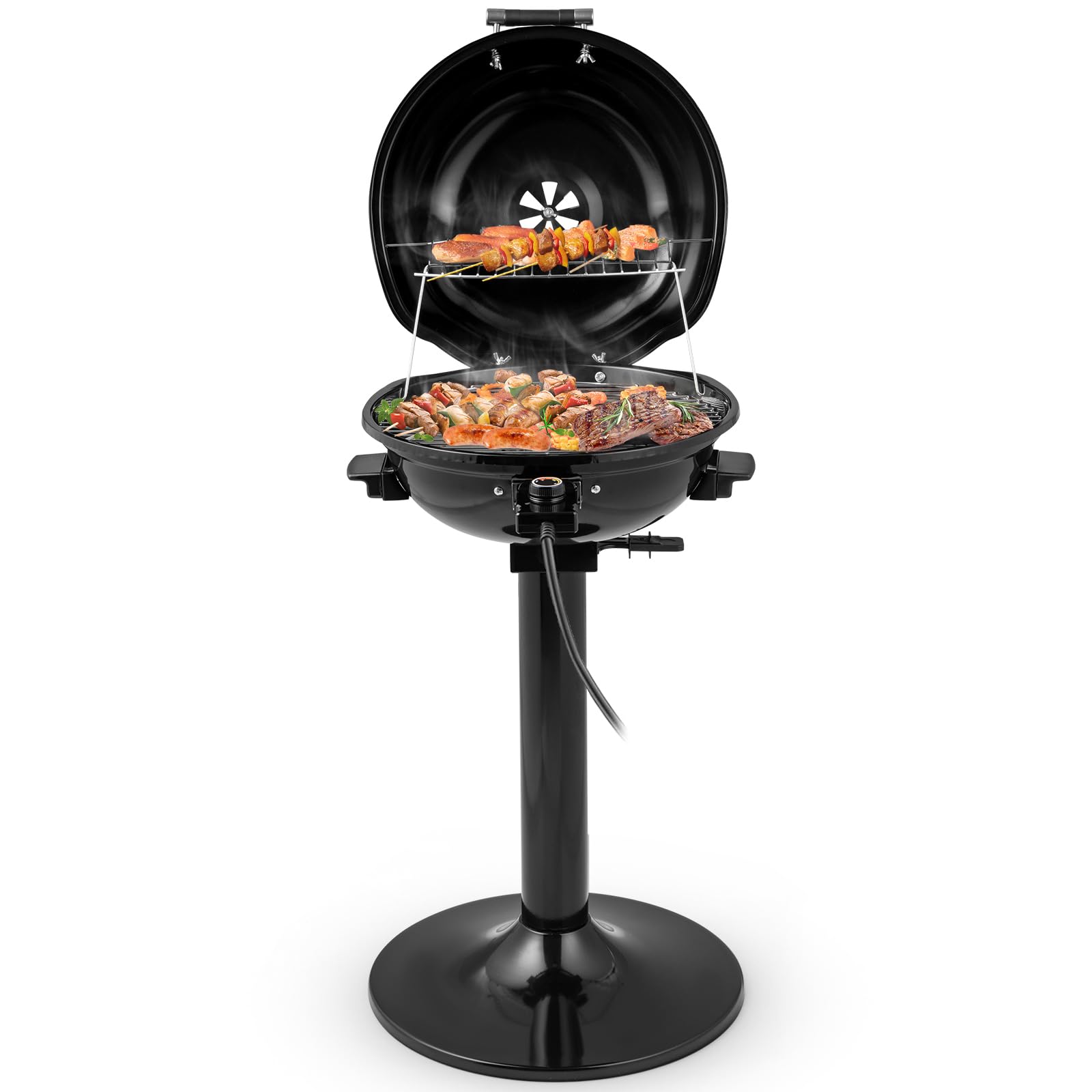 Parrilla eléctrica de 1600 W para exteriores, parrilla de campamento independiente de 15 porciones con estante de calentamiento, bandeja de goteo de aceite extraíble, control de temperatura