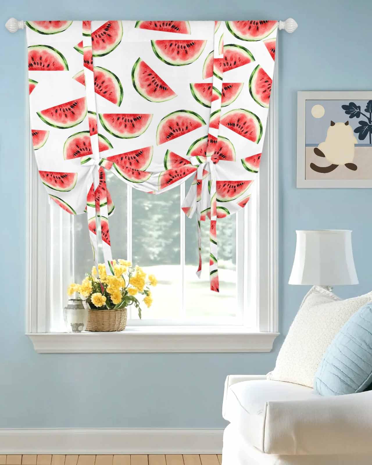 Tie Up Curtains for Windows Summer Watercolor Watermelon Rod Pocket Tie-Up Window Shade Adjustable Balloon Curtain Valance Classic Sweet Fruit for Bedroom Kitchen Bathroom Blinds,34x45in