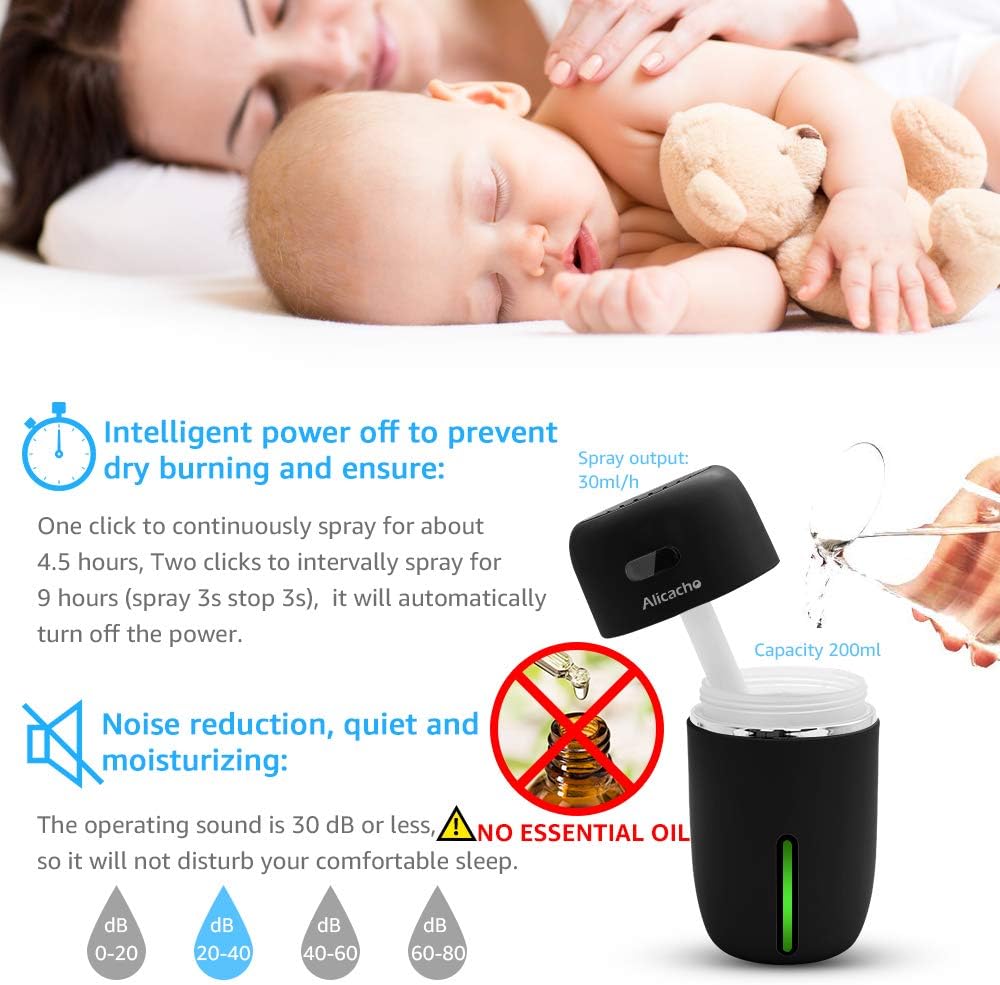 Mini USB Car Humidifier, 200ml Ultrasonic Cool Mist Humidifier with 7 Colors Light Changing, Adjustable Mist Mode,Auto Shut-Off, Super Quiet Operation for Bedroom Home Office, Car, Travel (Black)