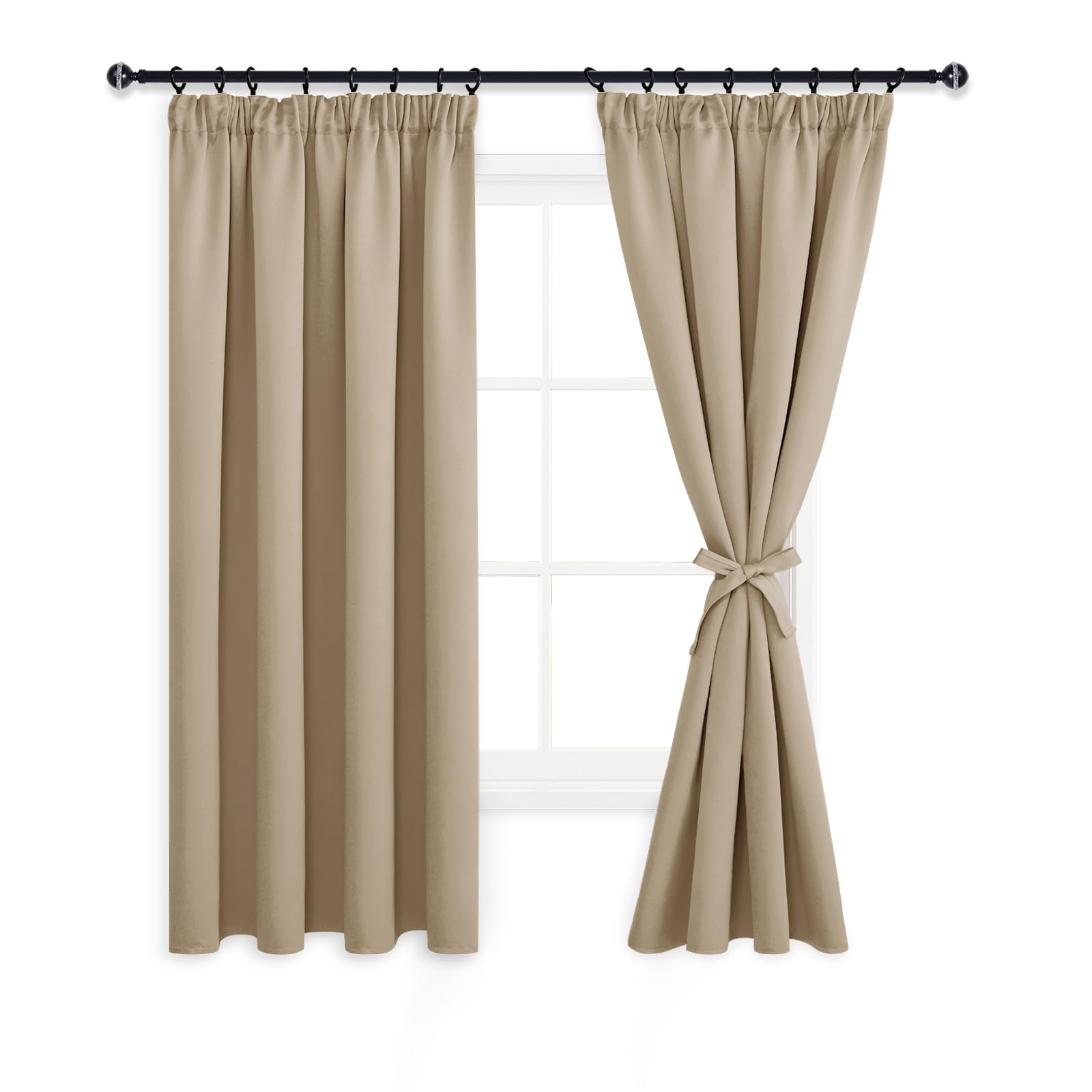 DWCN Vorhänge Wohnzimmer Blickdicht Kräuselband mit Vorhang-Krawatten, 2er Set H 183 x B 117 cm Verdunkelungsgardinen Wärmeisolierend Thermovorhang für Schlafzimmer, Taupe