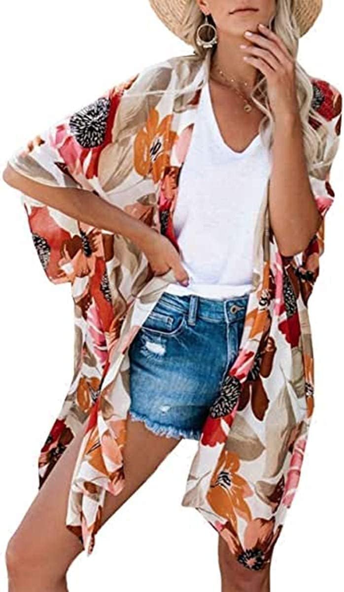 CHICGALKimono Cardigan for Women Floral Plus Size Tops Summer Beach Cover Ups Loose Casual Shawl Shirts(Apricot, 2XL), Flower Apricot, XX-Large, Flower Apricot, XX-Large