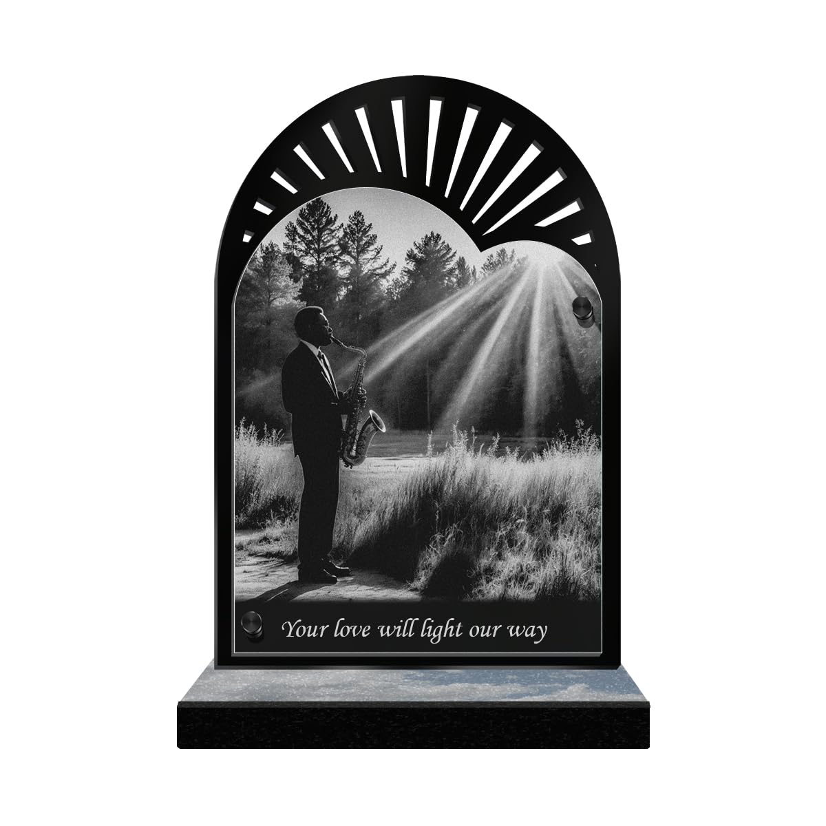 ETERNEL - Personalized Funeral Plaque Sun Rays - Jazz, Music, Musician - Customizable text, laser-engraved funeral tribute plaque, tombstone, cemetery, funeral, burial