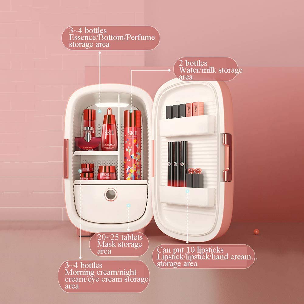 Refrigerador cosmético Profesional Mini refrigerador de Belleza Maquillaje Cuidado de la Piel Regalo ecológico Gratuito para Mujeres niñas (12L), Blanco (Rosa)