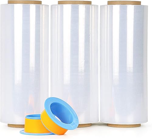 BOMEI PACK Paquete de 3 envolturas elásticas transparentes de resistencia industrial de 12 pulgadas x 1000 pies, calibre 80 de grosor, adherencia