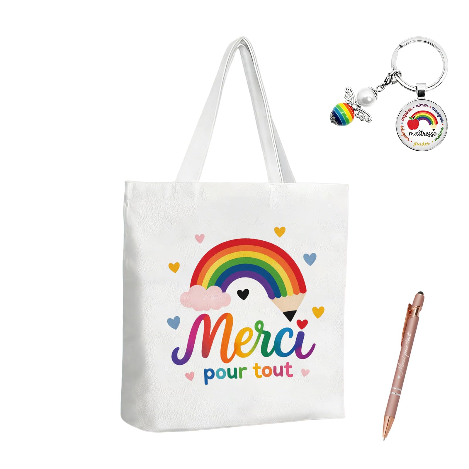 Cadeau Maitresse D'école Cadeau Maitresse 3 Pièces Pour Fin D'année Scolaire – Tote Bag Merci, Porte-Clés Arc-En-Ciel Et Stylo Rose – Tissu Résistant, Design Coloré Pour Professeur