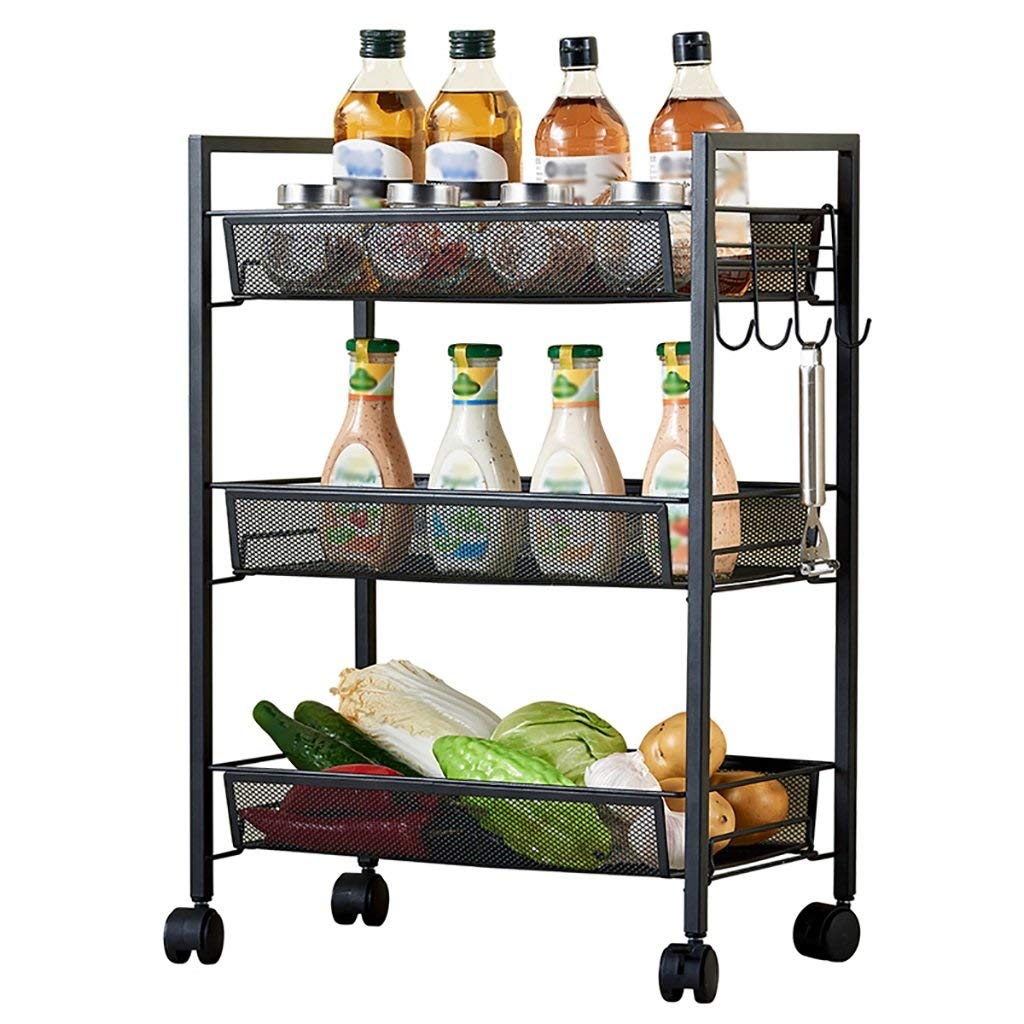 Cesta de Red Carteles de Tres Niveles, estantes de Acero al Carbono de pie, Carro de Almacenamiento de baño de Cocina con Ruedas, removible 63 * 26 * 44cm (Color : Black)
