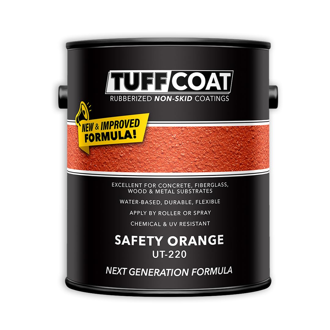 Tuff Coat Medium Texture Rubberized Non-Skid Deck Coating – Textured Non-Slip Safety Surface for Pool Decks, Docks, Boat Ramps, Patios, Walkways &amp; High-Traffic Areas (UT-220 Safety Orange 1- gallon)