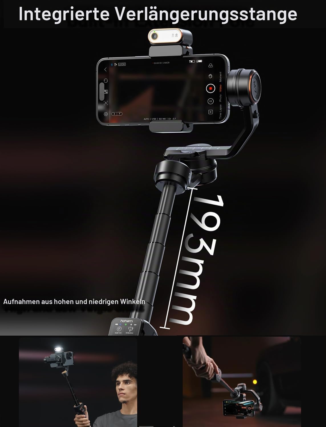 hohem iSteady M7 Gimbal Stabilisator für iPhone, 3-Achsen-Telefon-Gimbal mit magnetischem IA-Tracker-Fülllicht, abnehmbare Touchscreen-Fernbedienung, Stange